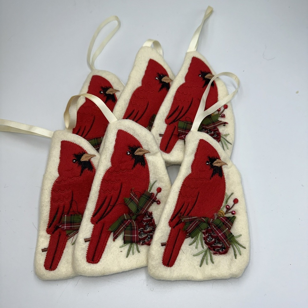 Set of 6 Felt Cardinal Christmas Ornament Gift Card Holder Pocket Rustic Ivory